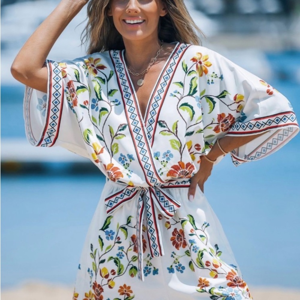 Floral Kimono Cover-Up - White and Multicolor